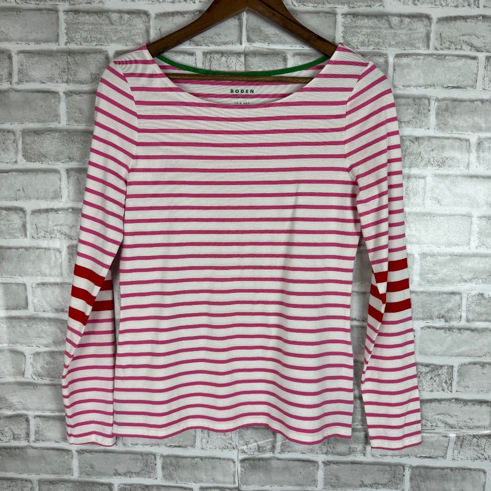 BODEN Ella Hot Pink Striped Long Sleeve Round Neck T-Shirt Womens Size 4